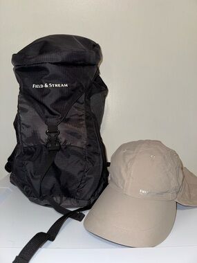 Field & Stream Hiking Backpack Black + Tan SPF Sun Hat Neck Flap Outdoor Bundle